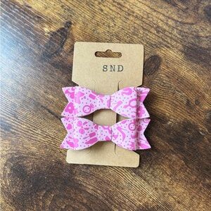 Handcrafted One of A Kind 
Barbie Pink Patterned Kids Hair Bows - Set of 2